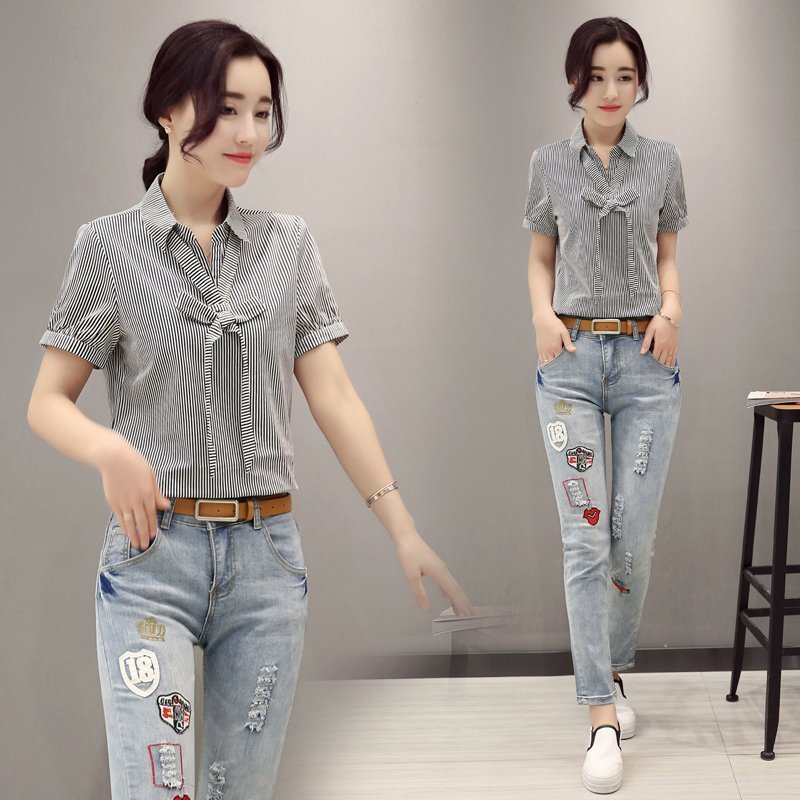 FINDSENSE G5 韓國時尚 夏季新款 條紋短袖上衣+牛仔褲 兩件套 顯瘦 牛仔套裝