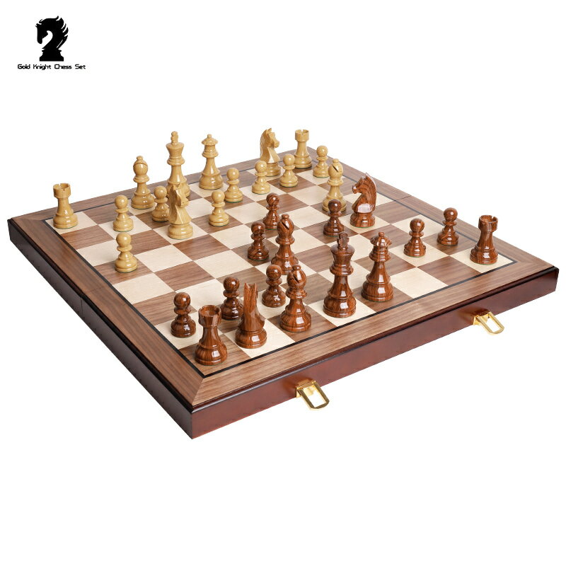 象棋 國際象棋 高品質胡桃實木皮拼格兒童大號折疊便攜日耳曼國際象棋chess玩具交換禮物