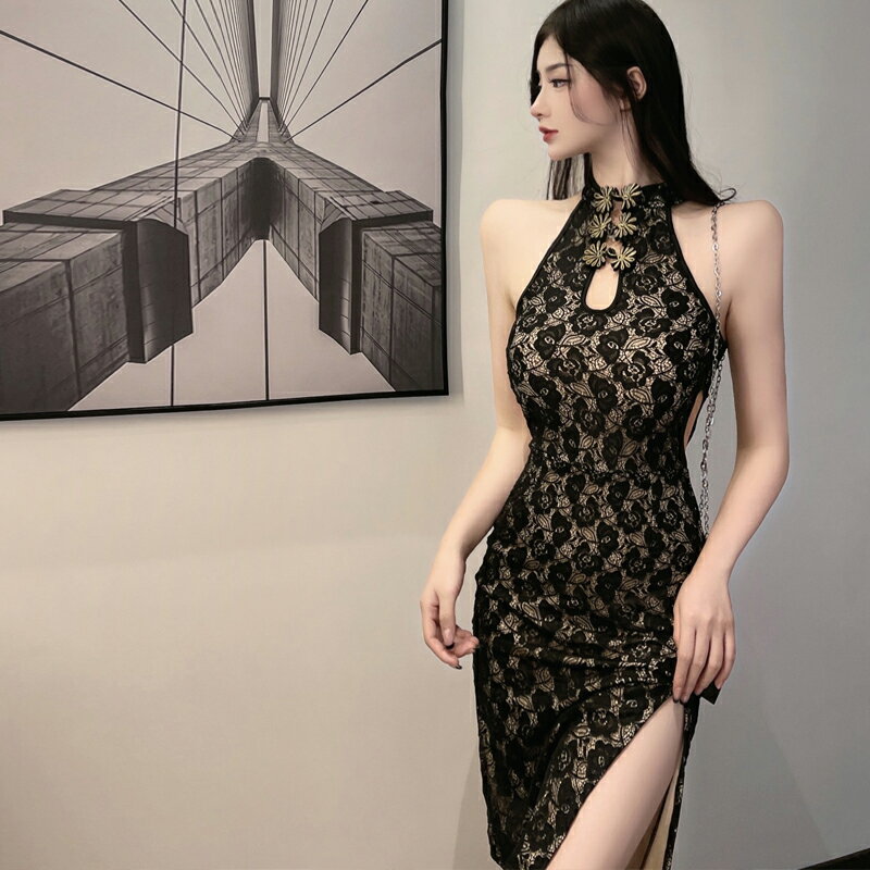 復古日常少女改良旗袍2022夏季性感掛脖露肩收腰顯瘦高開叉連衣裙