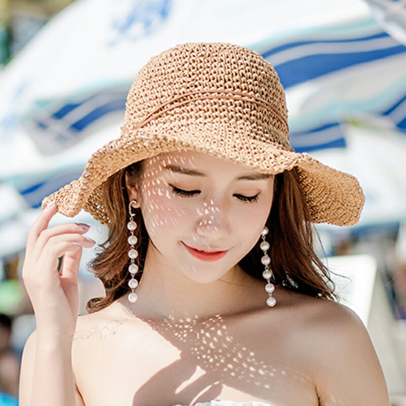 韓版時尚新款手工大沿鉤針可折疊草帽女夏天海邊沙灘防曬遮陽帽子