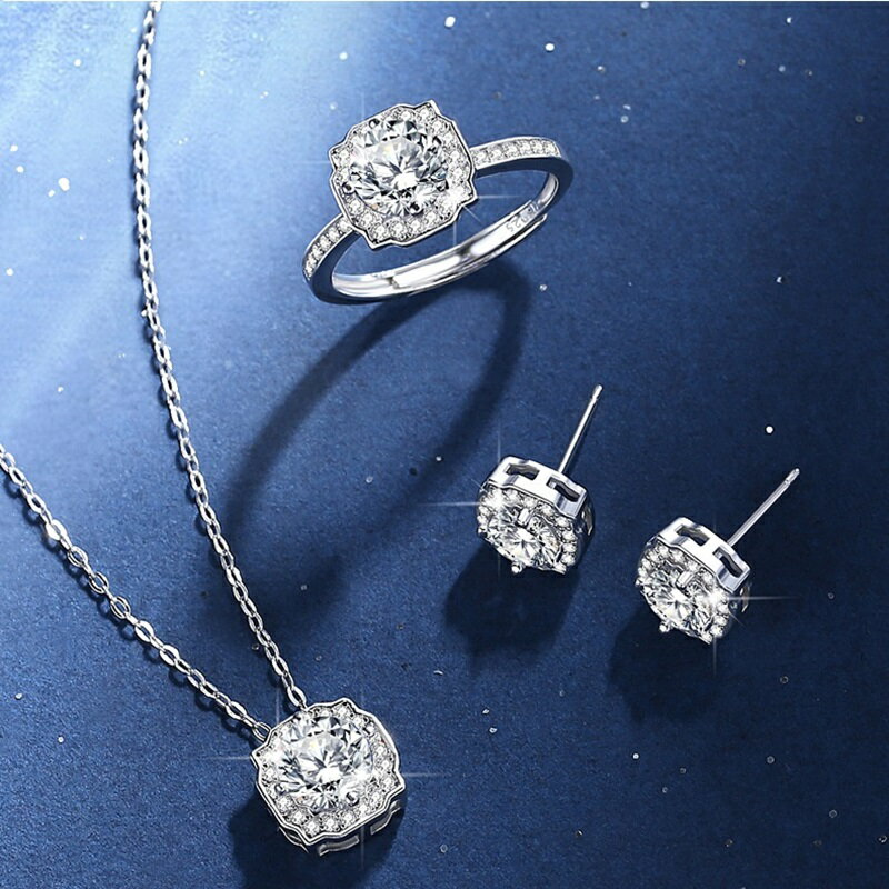莫桑石項鍊925純銀耳環(三件套)-1克拉海瑞時尚氣質女飾品74an45【附GRA證書】【米蘭精品】