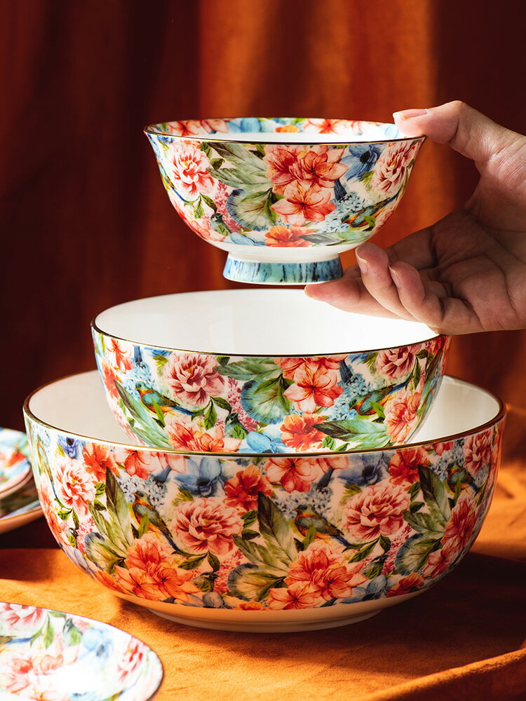 歐式碗碟套裝餐具家用金邊骨瓷碗盤陶瓷創意大湯面沙拉飯碗菜盤子