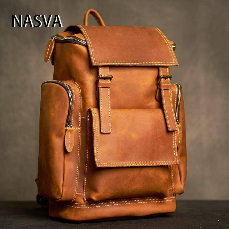 NASVA真皮復古背包大容量瘋馬皮後背包休閒登山包素色旅行包男女通用款