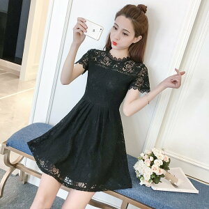 FINDSENSE G5 韓國時尚女裝 氣質 修身 收腰 甜美 蕾絲 連身裙 圓領 短袖 A字裙
