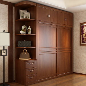全實木衣柜家用臥室推拉移門儲物收納組裝柜子中式成人大衣櫥家具