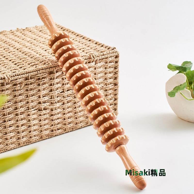 實木瑜伽滾輪棒瘦腿腰頸椎背肩部木質經絡輪棒狼牙按摩棒搟背神器-Misaki精品