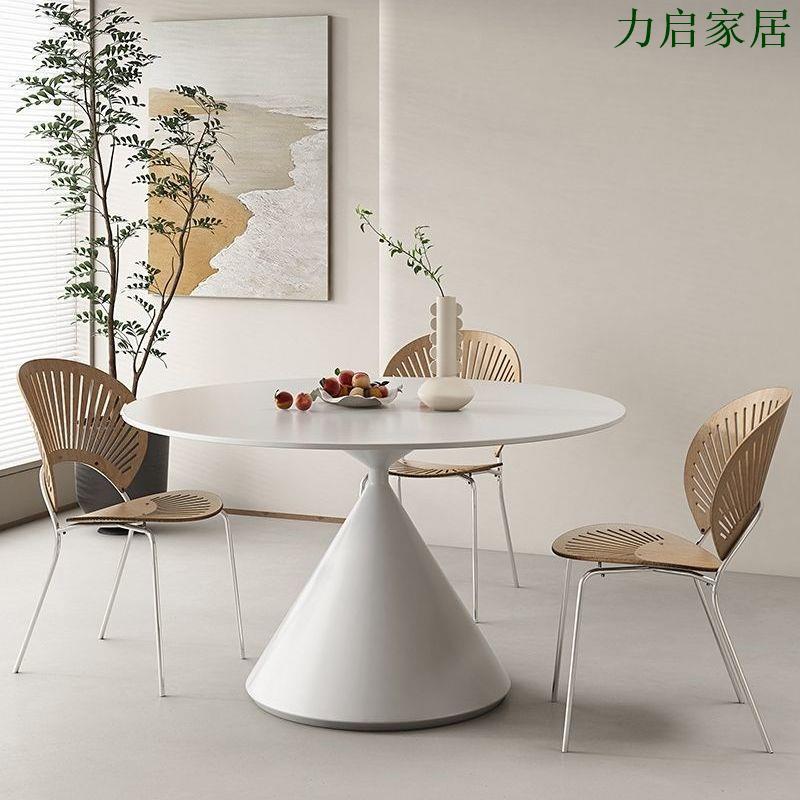 法式極簡巖板圓餐桌小戶型家居純白巖板餐桌椅組合現代簡約圓桌子