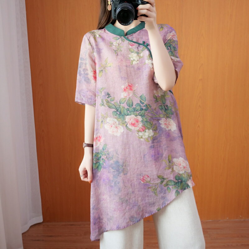 夏季新款中式漢服改良上衣民族風大碼寬松撞色棉麻短袖襯衫女