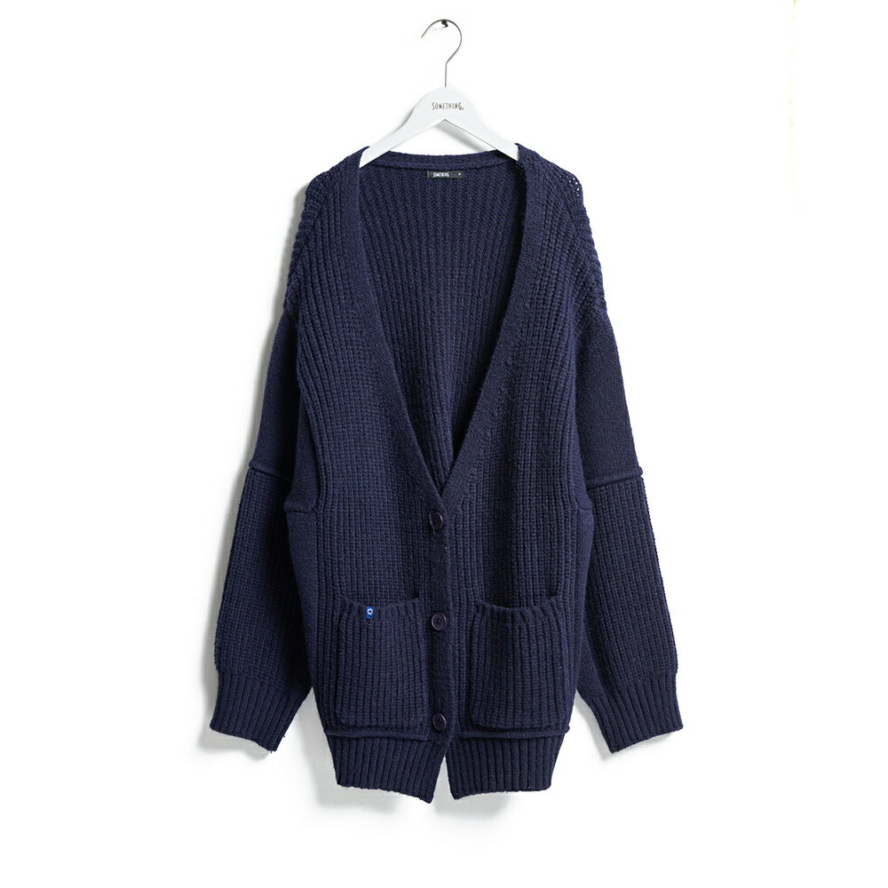 SOMETHING 女款 長版開襟毛衣針織外套 (丈青色) 1