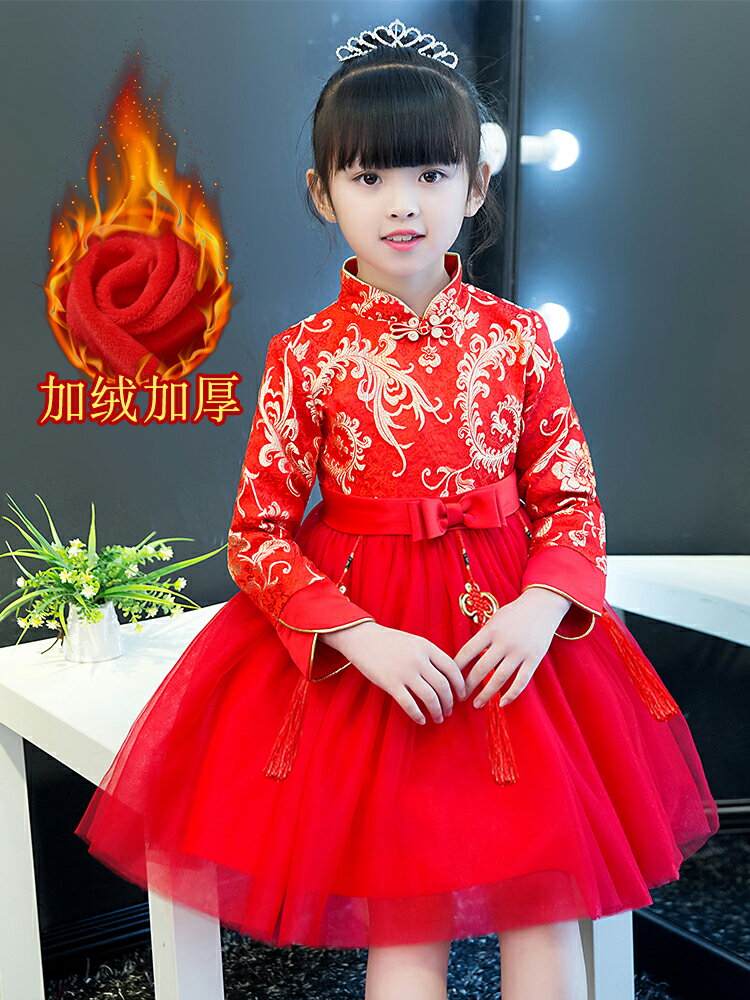 女童拜年服唐裝漢服秋冬季寶寶過年新年裝兒童中國風冬裝加厚旗袍1入