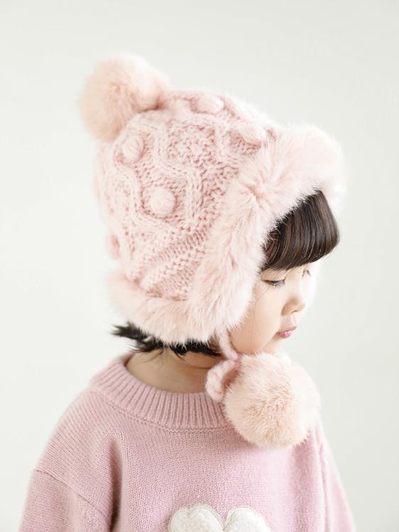 幼悠兒童冬季加絨毛線護耳帽甜美可愛毛球帽子寶寶可愛保暖針織帽 全館免運