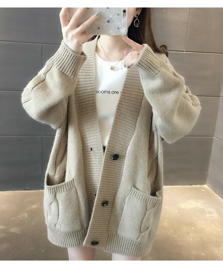 女裝 外套 韓系風 氣質上衣 韓版   春秋新款慵懶風V領麻花針織衫寬鬆外穿女裝開衫V領百搭毛衣外套潮 治裝激推 7