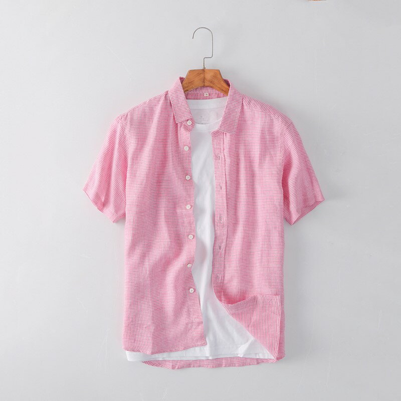 亞麻襯衫短袖上衣-寬鬆粉色格子休閒男上衣74ev14【獨家進口】【米蘭精品】