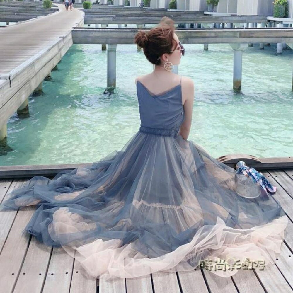 超仙女裙網紗吊帶冷淡風氣質連身裙海邊度假巴厘島沙灘裙顯瘦長裙「時尚彩虹屋」