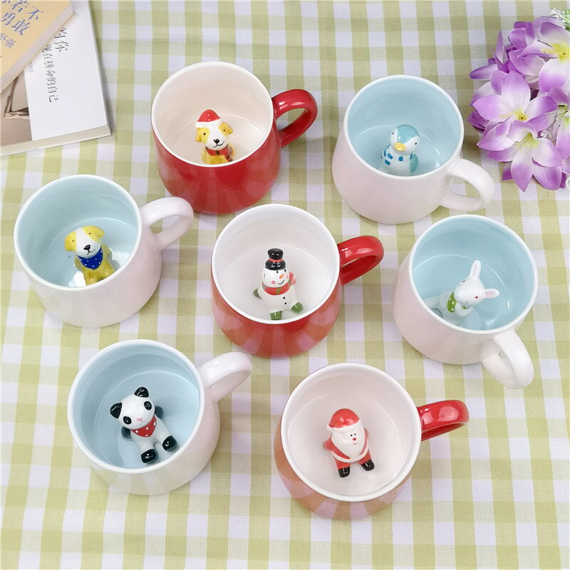杯中動物3D陶瓷水杯創意小動物熊貓小兔小狗卡通馬克杯情侶咖啡杯