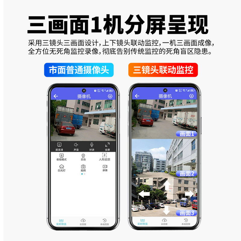 附發票 110v監視攝影機 室外三目三畫面無線wifi監控攝像頭家用手機遠端夜視高畫質監控器