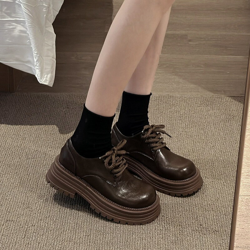 厚底增高小個子樂福鞋女2024時尚新款棕色單鞋可愛復古小皮鞋女