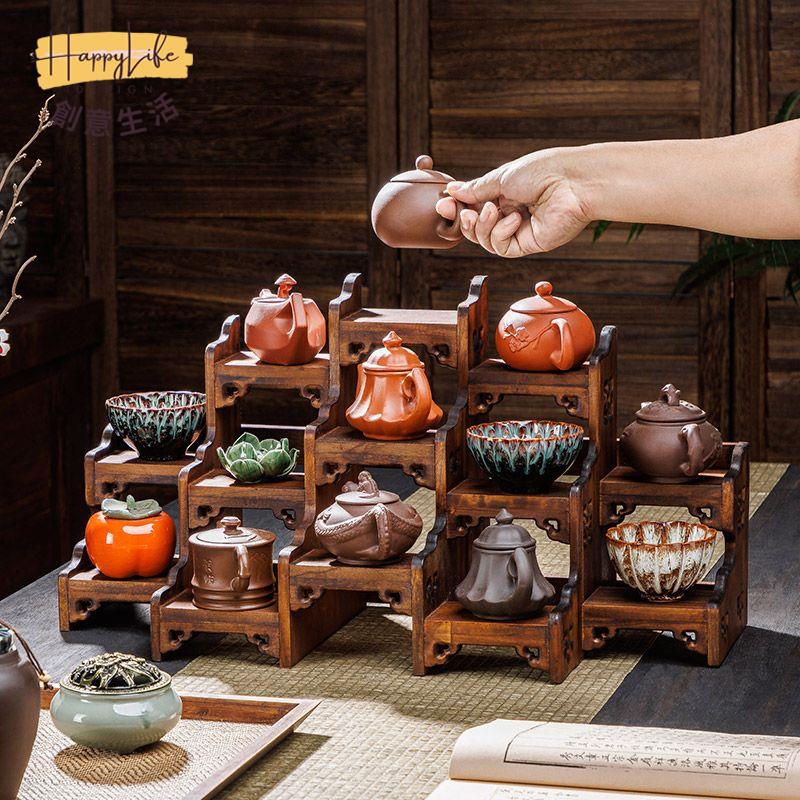 工廠現貨 免運 附發票 茶杯架 置物架 桌上收納架 防塵杯架 咖啡杯架 博古架擺件實木中式茶杯茶具架子置物架多寶閣紫砂茶壺建盞展示架新店開業/售後保障 c12