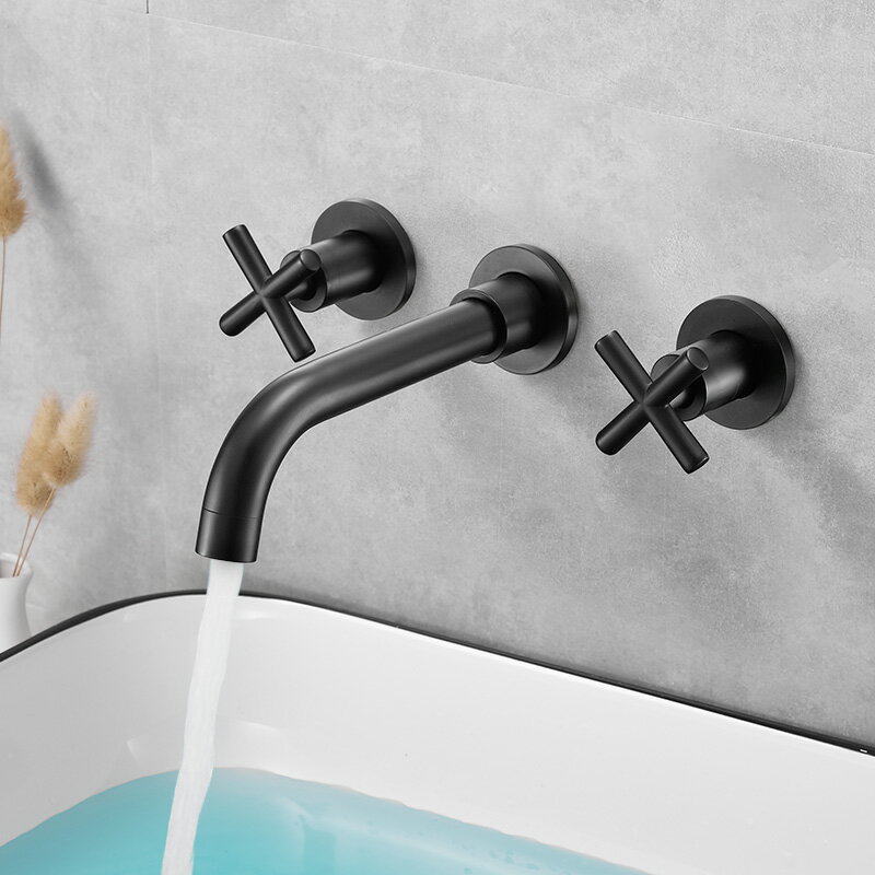 浴室洗手盆簡約全銅暗裝三孔面盆預埋嵌入墻式臺盆冷熱黑色水龍頭