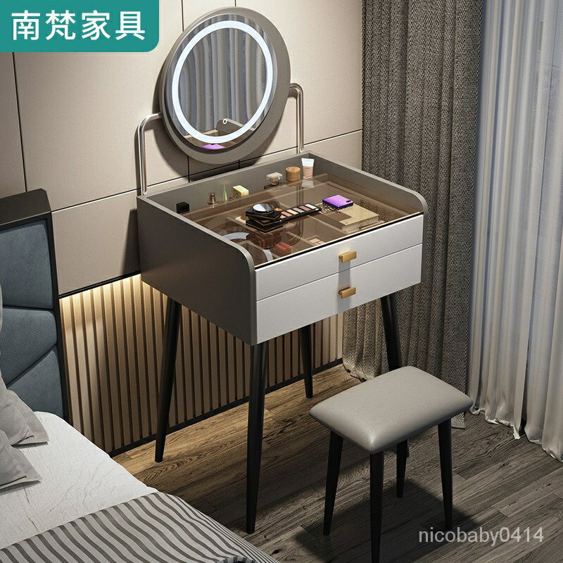 ---熱款【】【免運】---玻璃梳妝臺輕奢現代簡約高階感臥室小戶型化妝桌網紅收納櫃一體桌 YCM4
