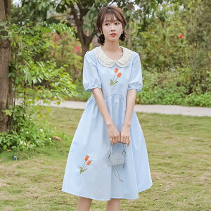 韓系小清新甜美郁金香繡花中長款寬松短袖雙層領連身裙女夏季