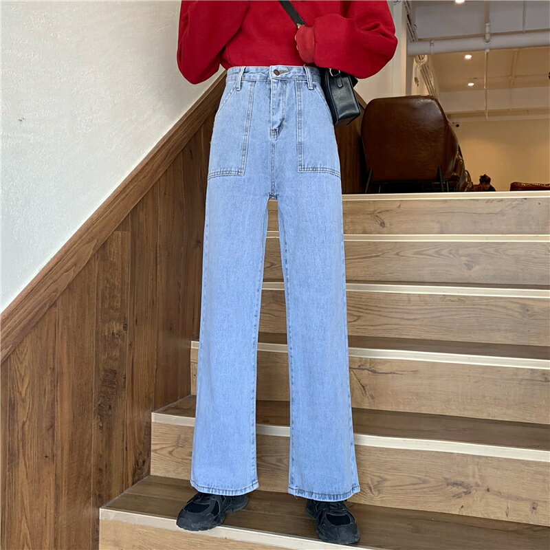 韓版高腰牛仔褲女新款淺色直筒長褲子顯瘦百搭洋氣牛仔闊腿褲1入