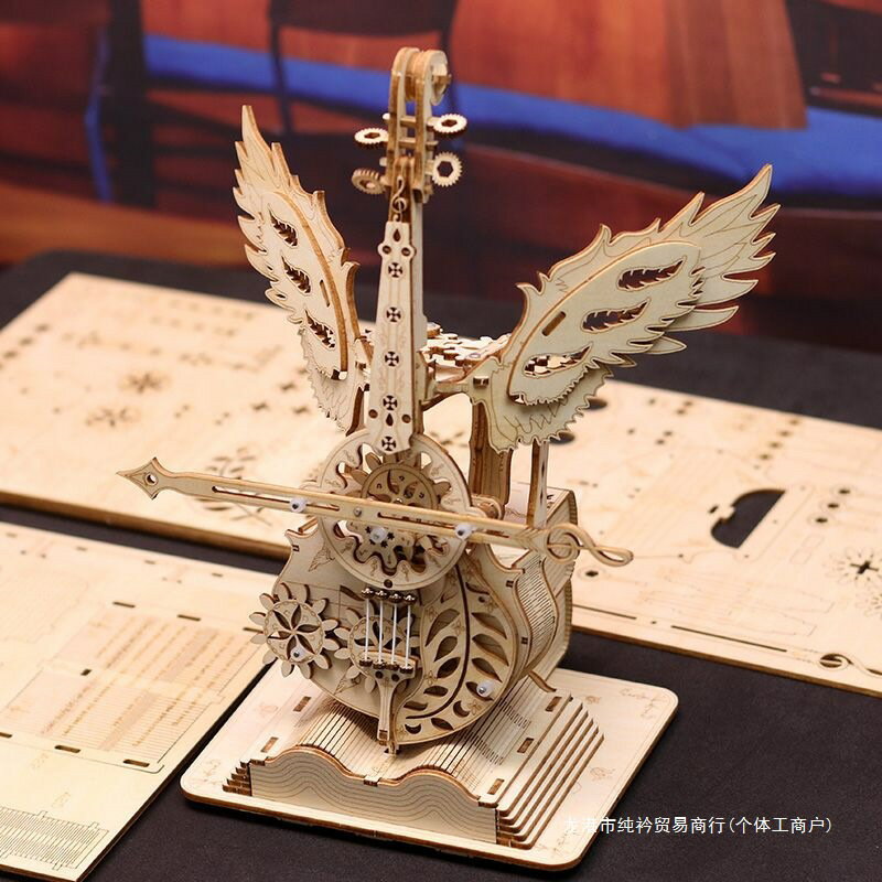 【3D立體音樂】大提琴拼圖 木質拼圖 音樂盒 手工DIY 模型玩具 益智玩具 療癒小物 旋轉發條 可動設計 情人節禮物 生日禮物 送女友 送男友