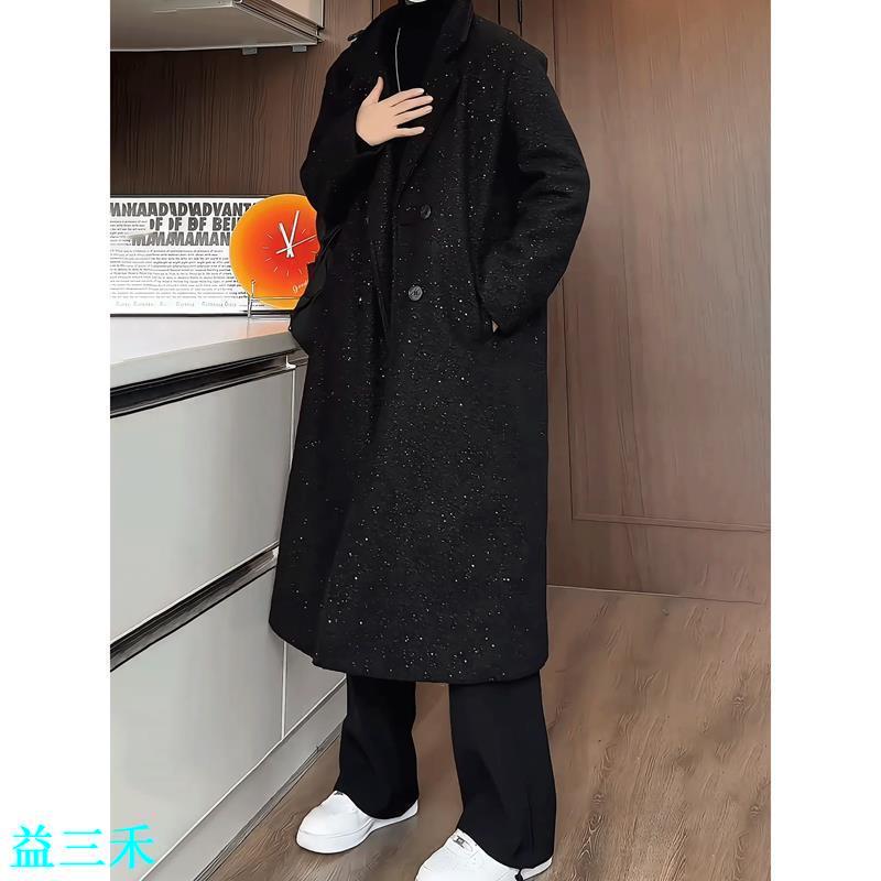 黑色中長款風衣男款冬季加厚滿天星毛呢大衣高階感痞帥英倫風外套-益三禾