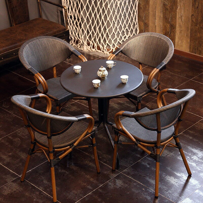 戶外休閑餐桌椅組合咖啡廳陽臺鋁合金特斯林簡約桌椅室外藤編椅子