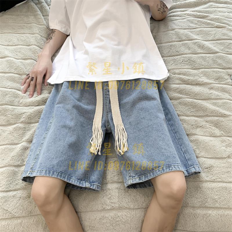 港风ins复古织带牛仔短裤男夏季薄款寬鬆休閒潮流百搭学生五分裤【繁星小鎮】