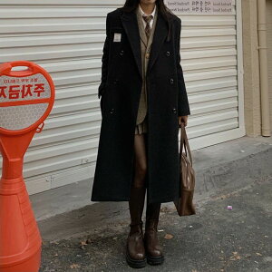 黑色毛呢外套女年冬季新款韓版寬鬆顯瘦小個子中長款大衣