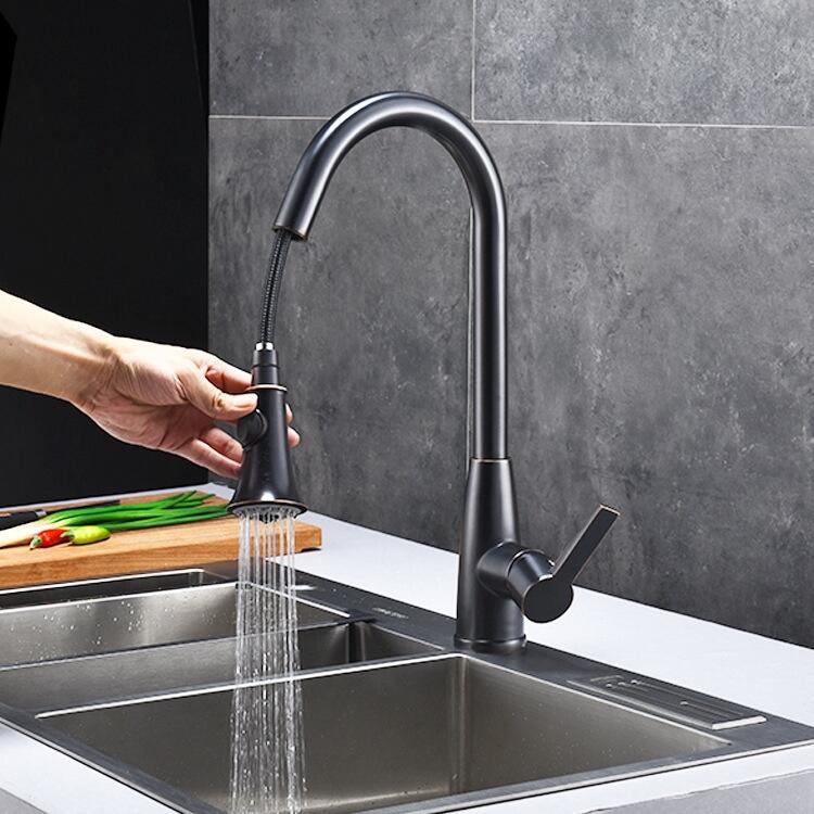 新款黑色抽拉洗菜盆龍頭 伸縮式水槽洗碗池可旋轉冷熱廚房水龍頭