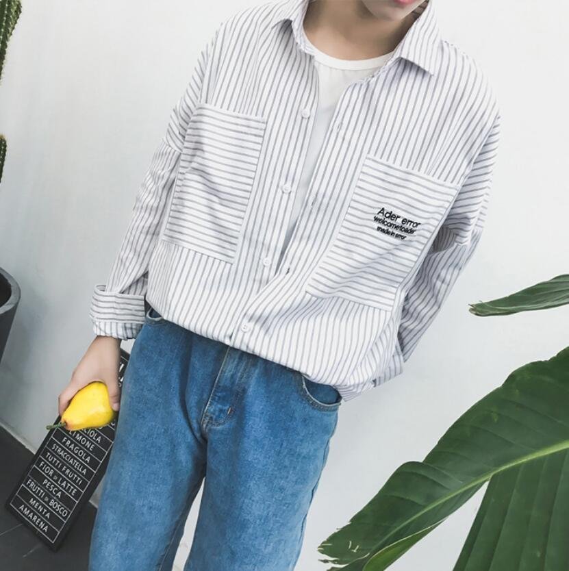 FINDSENSE MD 時尚 男 韓國 休閒 寬鬆 白色簡約條紋 襯衫 長袖襯衫 條紋襯衫