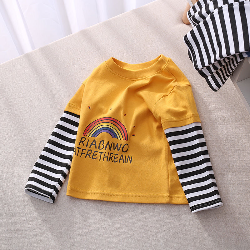 寶寶棉質秋款長袖T恤嬰兒上衣兒童假兩件單上衣男女童打底衫0-5歲