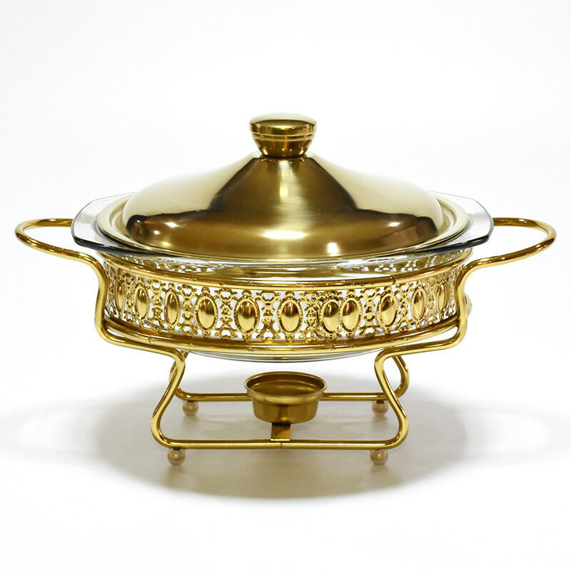 【優選餐爐】新品上架金色圓形玻璃自助餐爐 2.0L食物加熱容器餐桌火鍋酒精爐