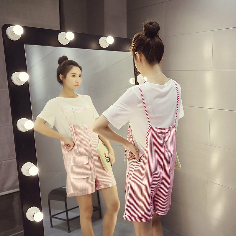 FINDSENSE G5 韓國時尚 夏季 寬鬆 短袖 T恤 兩件套 背帶短褲 條紋 套裝