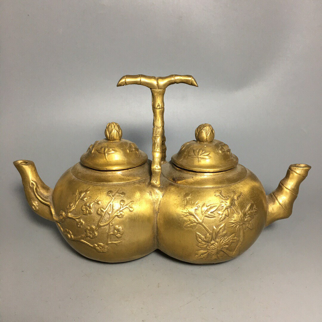 熱賣古玩古董仿古銅器銅壺水壺酒壺黃銅做舊梅蘭竹菊連體雙銅壺