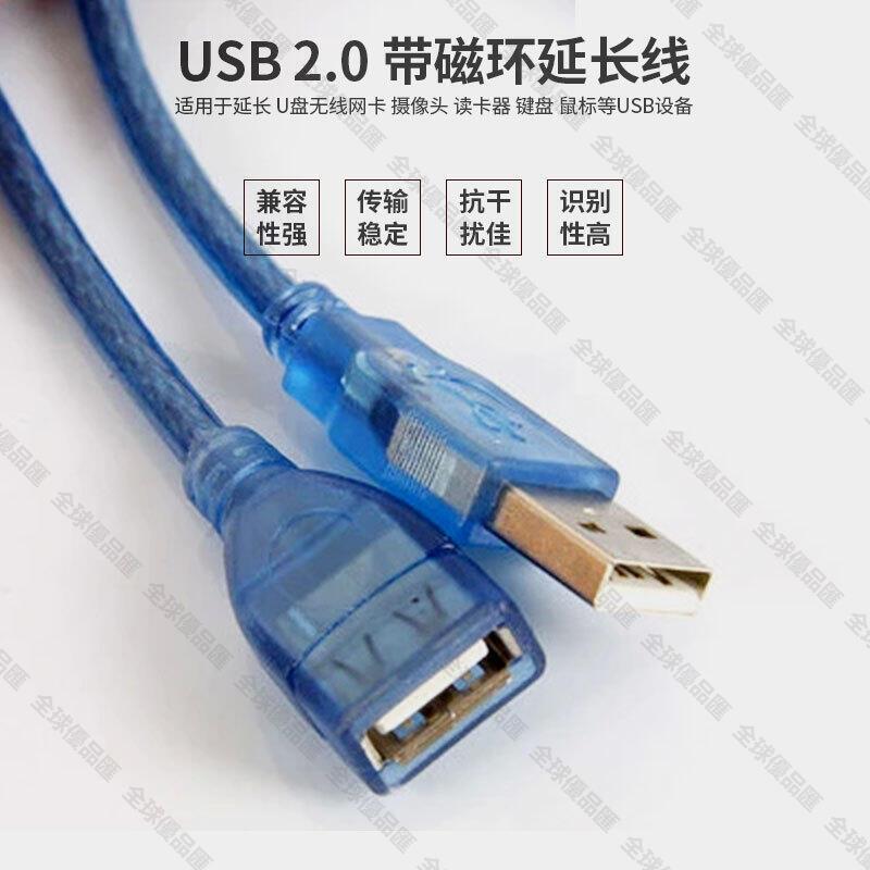 【全球優品匯】1.5米透明藍USB高速2.0公對母延長線全銅編織網遮蔽帶磁環資料