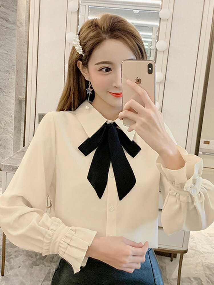 秋冬新款氣質長袖襯衣女設計感小眾上衣加絨加厚蝴蝶結襯衫1入