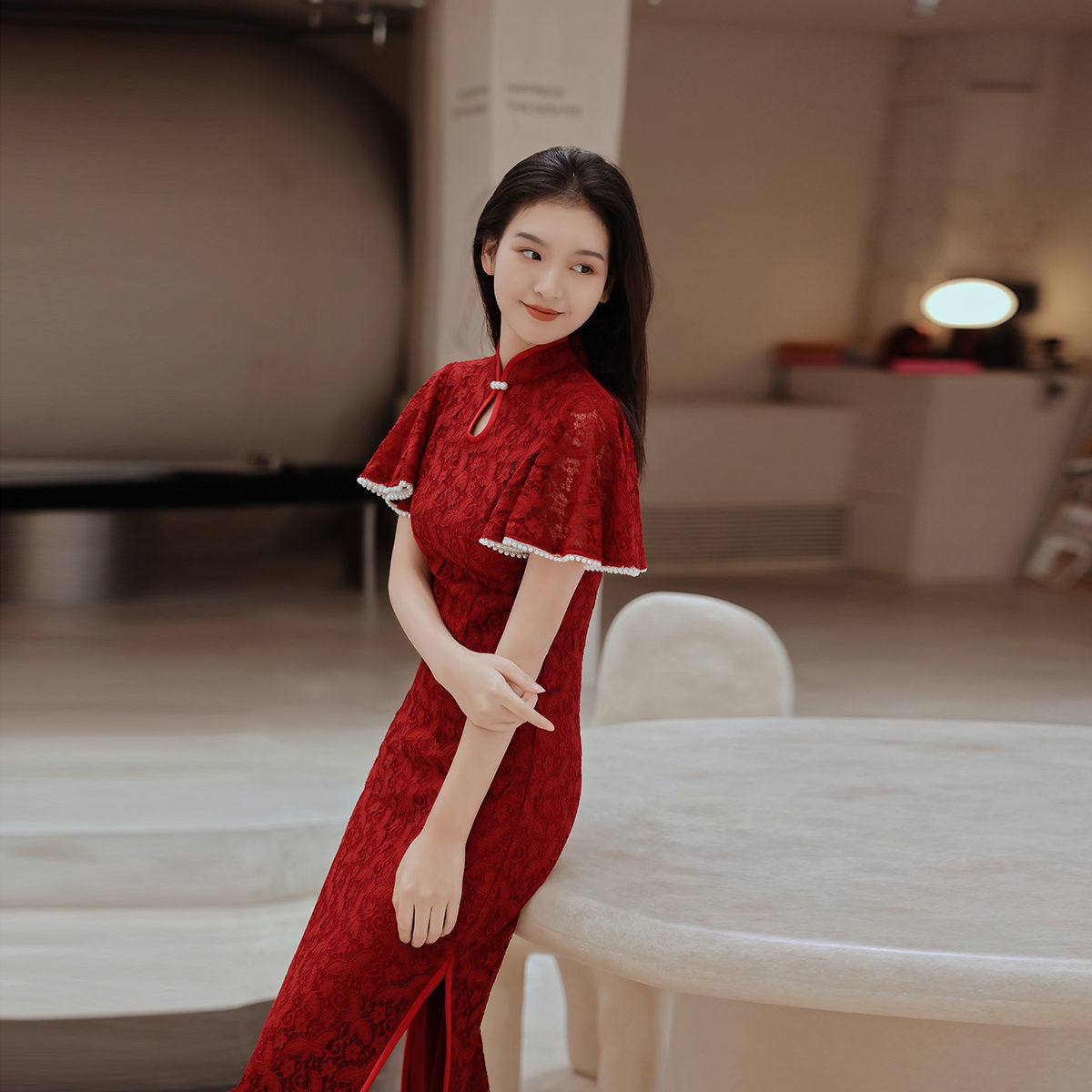 旗袍敬酒服新娘2024新款夏季平時可穿紅色結婚訂婚回門禮服女蕾絲-創美