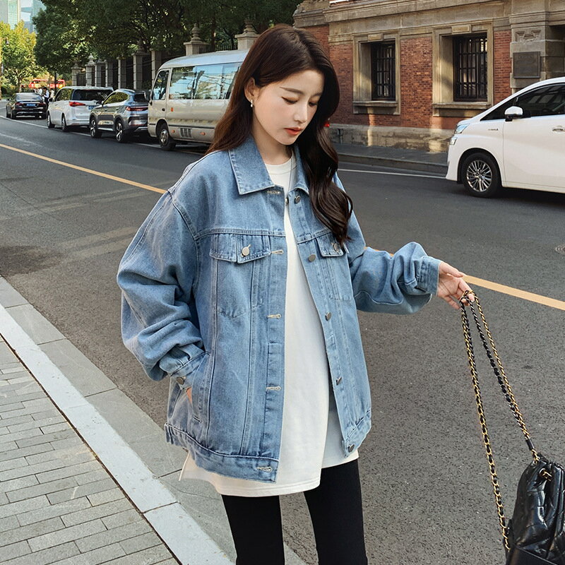 牛仔外套丹寧夾克-復古港風休閒寬鬆翻領女外套牛仔淺藍色74ii70【獨家進口】【米蘭精品】