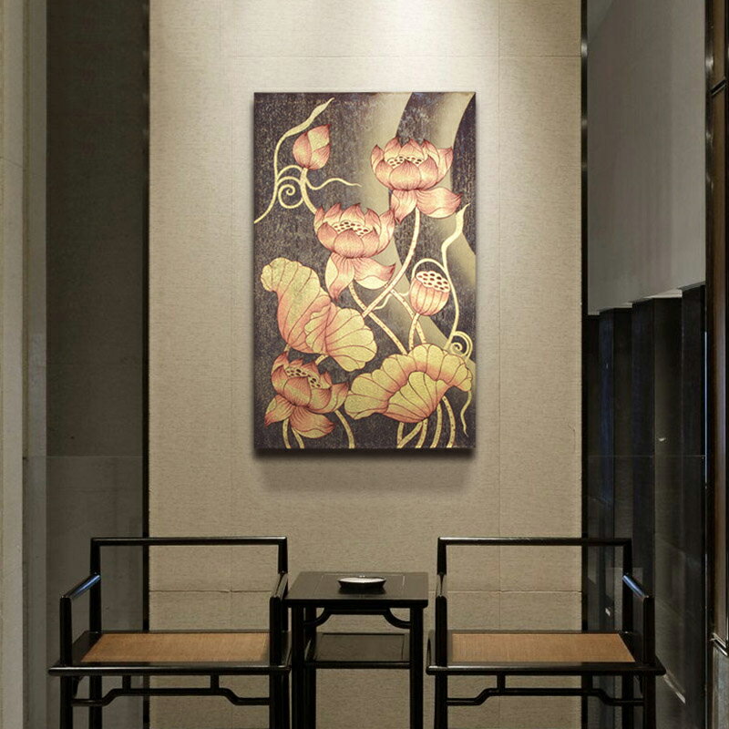 異麗荷花裝飾豎版畫客廳玄關過道走廊沙發背景墻壁藝術油畫掛畫