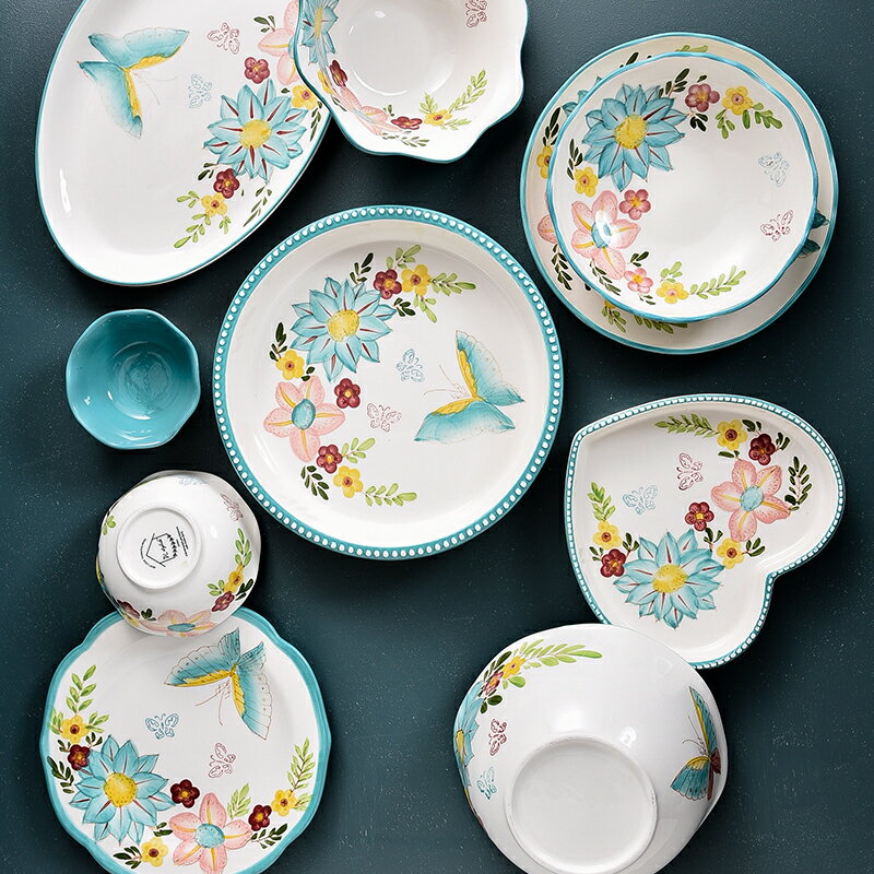 藍色蝴蝶碗碟套裝家用北歐風簡約陶瓷吃飯碗盤筷子小清新餐具套裝