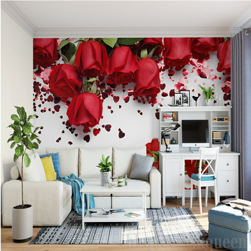 浪漫溫馨紅玫瑰花朵壁紙婚房酒店賓館背景墻客廳沙發臥室床頭墻紙