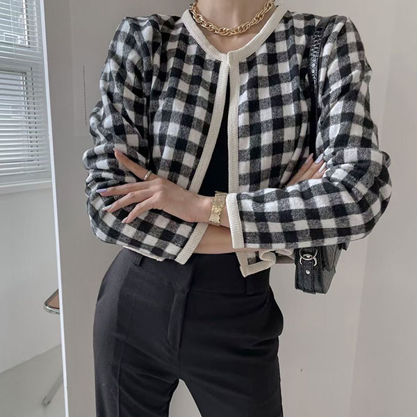 ANNAS 正韓 格子 外套 毛呢 外搭 大衣 磨毛 格紋 西裝 顯瘦 短版 韓劇 韓國 1