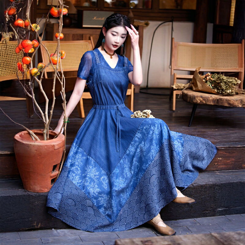 現貨+預購 新中式吊帶裙連身裙牛仔長裙大碼A字裙長洋裝休閒女裝(設計感收腰拼接女裙子74ku81)【獨家進口】【米蘭精品】