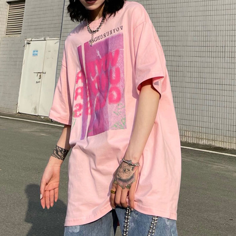 高街潮牌oversize短袖T恤女2021寬松韓版ins美式復古hiphop上衣服