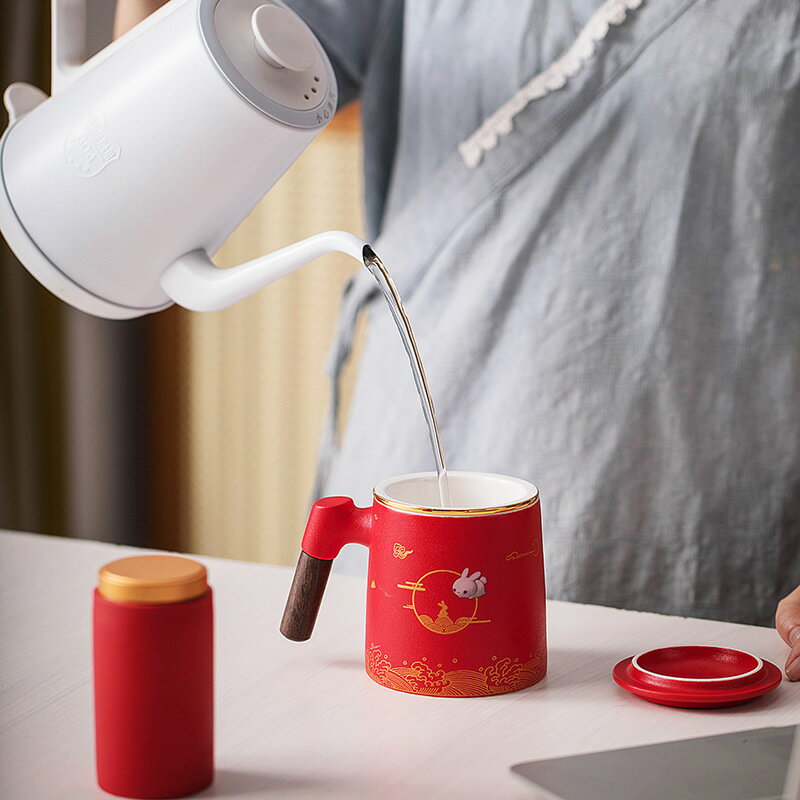 中秋玉兔陶瓷馬克杯茶水分離泡茶杯三件套辦公杯子印雕刻 1
