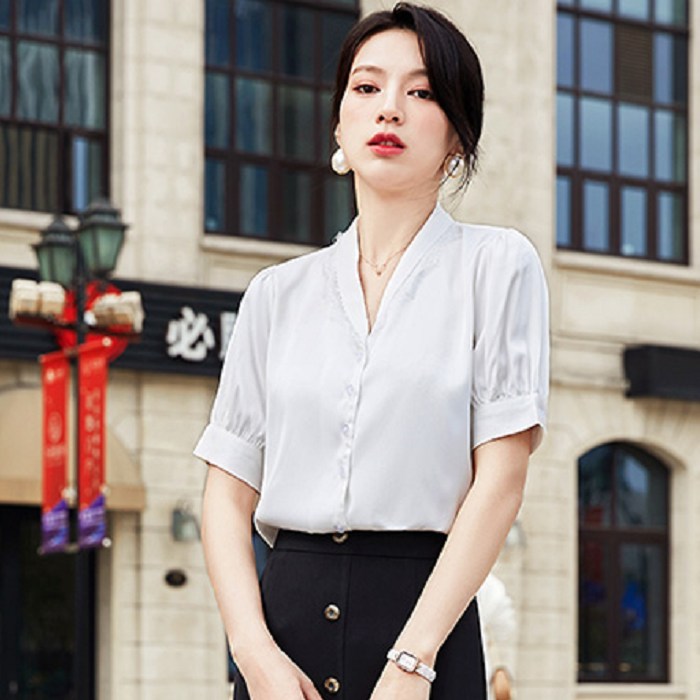 V領拼接蕾絲端莊氣質短袖襯衫[21S041-PF]灰姑娘