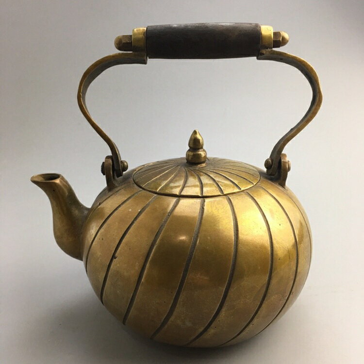 精品銅器古玩古董純銅水壺酒壺居家裝飾仿古黃銅提樑銅茶葉壺擺件